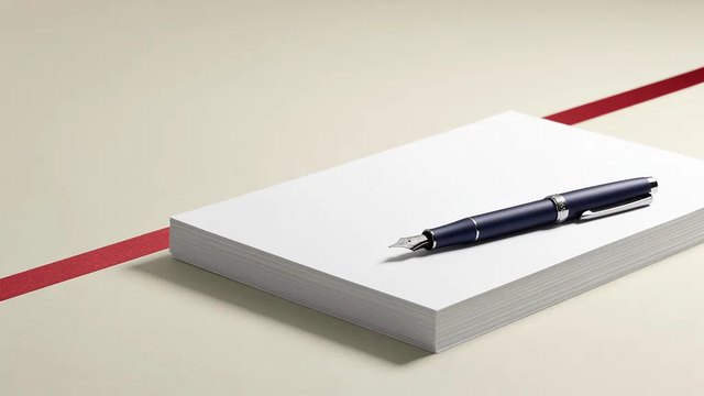 A navy fountain pen resting on a stack of blank white paper, a red stripe crossing the surface.