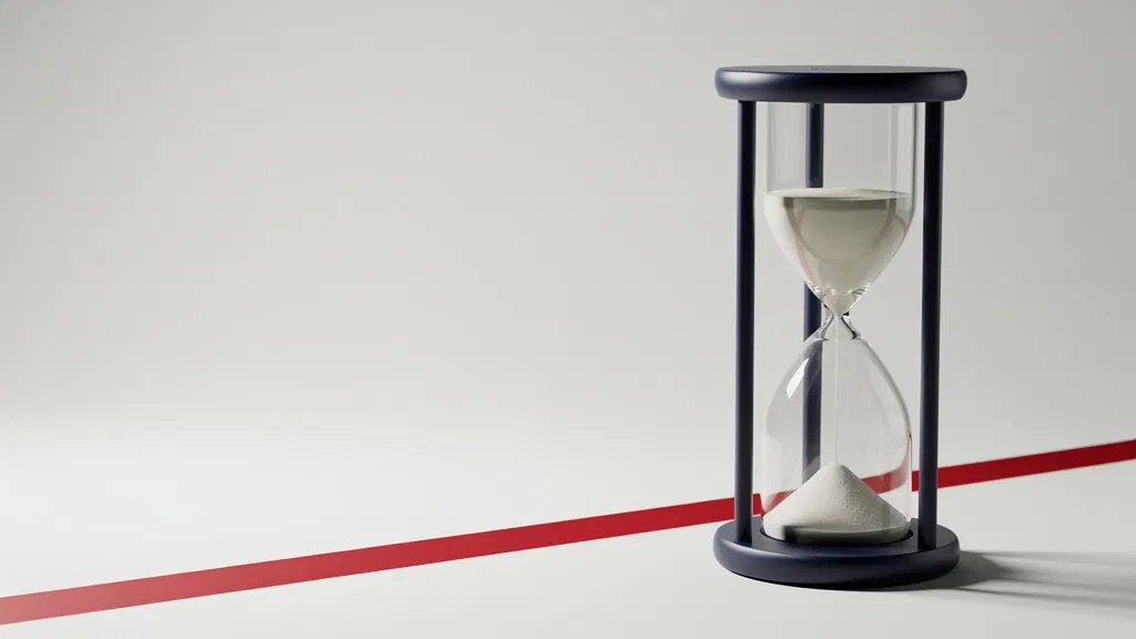 A navy hourglass on a pale studio floor with a red stripe running diagonally behind it.